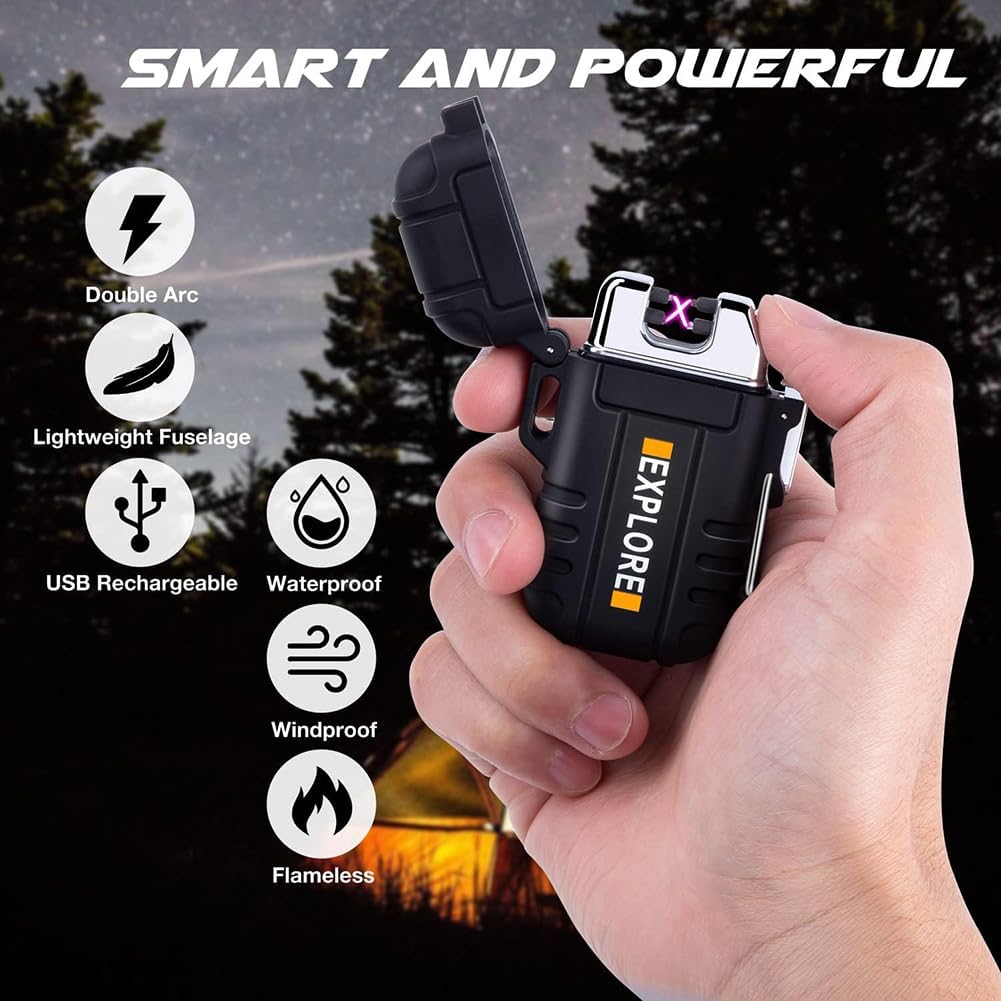 LcFun Electric Lighter Windproof Dual Arc USB Rechargeable Flameless Plasma Lighters Waterproof Matches for Camping Hiking Survival Tactical Gear Birthday Gifts for Men Husband