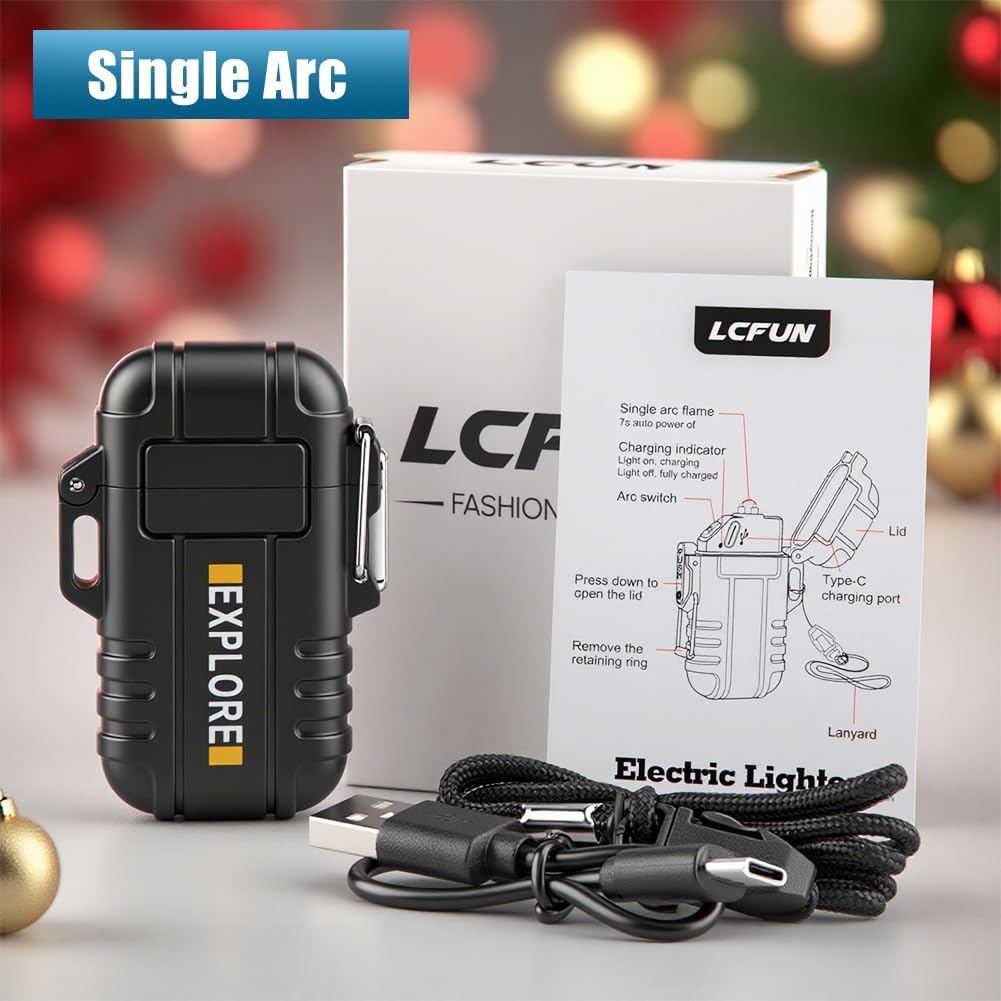 LcFun Electric Lighter USB C Rechargeable Plasma Lighter Windproof Flameless Arc Lighters, Waterproof Matches for Camping Hiking Hunting, Survival Tactical Gear Gifts for Men Fathers Husband