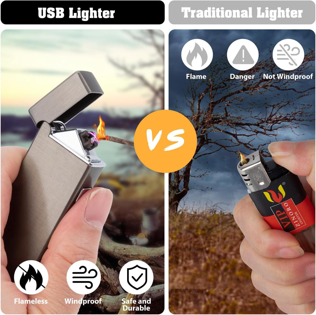 LcFun Electric Lighter USB Rechargeable Windproof Flameless Plasma Dual Arc Lighter Small Metal Pocket Lighters for Camping, Birthday Gifts for Men Husband (Nickel Brushed)